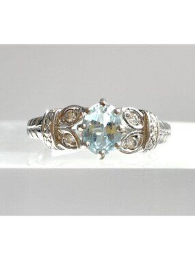 Aquamarine Gemstone Ornate CZ Accented Sterling Silver 925 Vintage Ring - sz 11